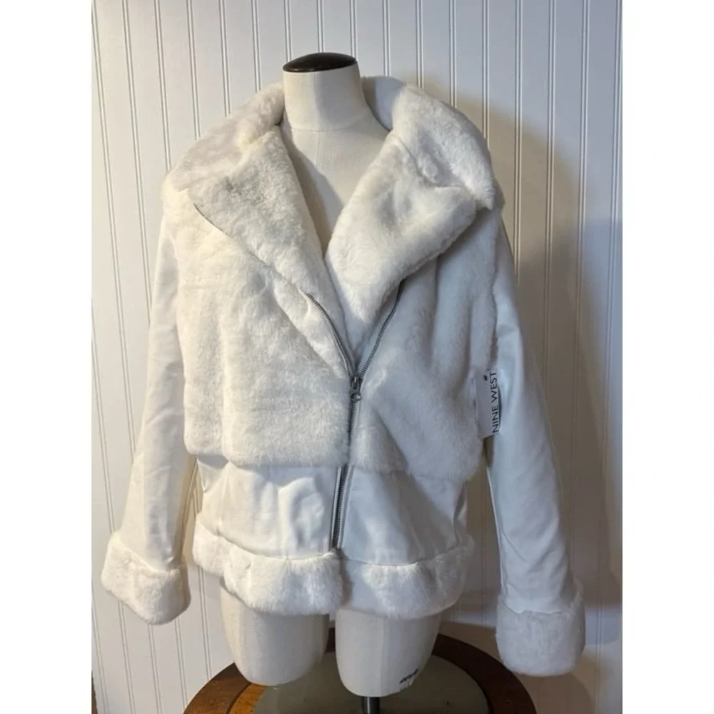 NINE WEST White Faux-Fur Faux Leather Moto Jacket‎